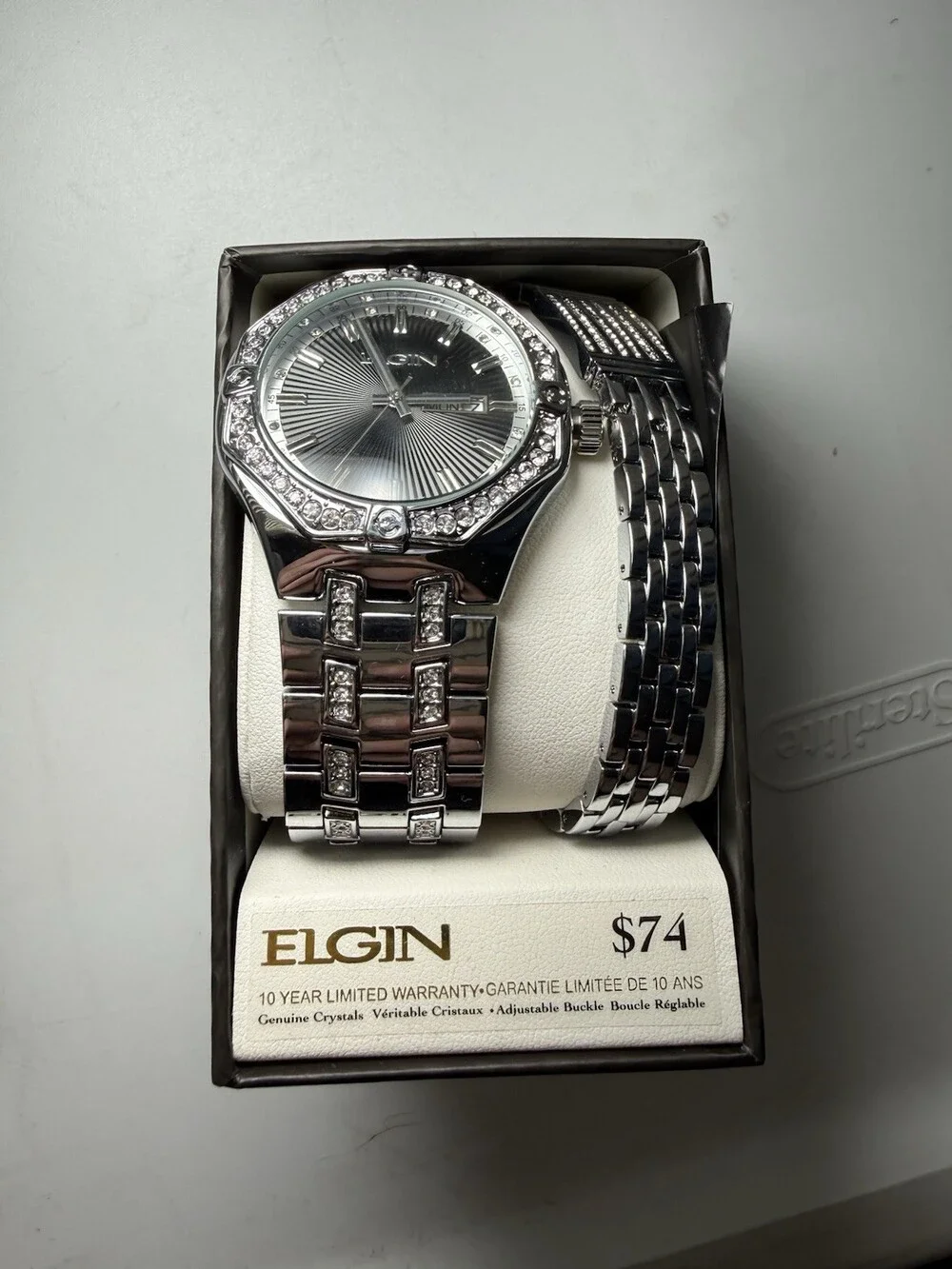 Elgin Men’s Crystal Watch & Bracelet Gift Set Silver Tone New Old Stock Box